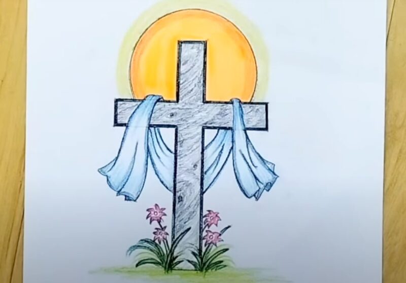 Easter Cross with Flowers drawing